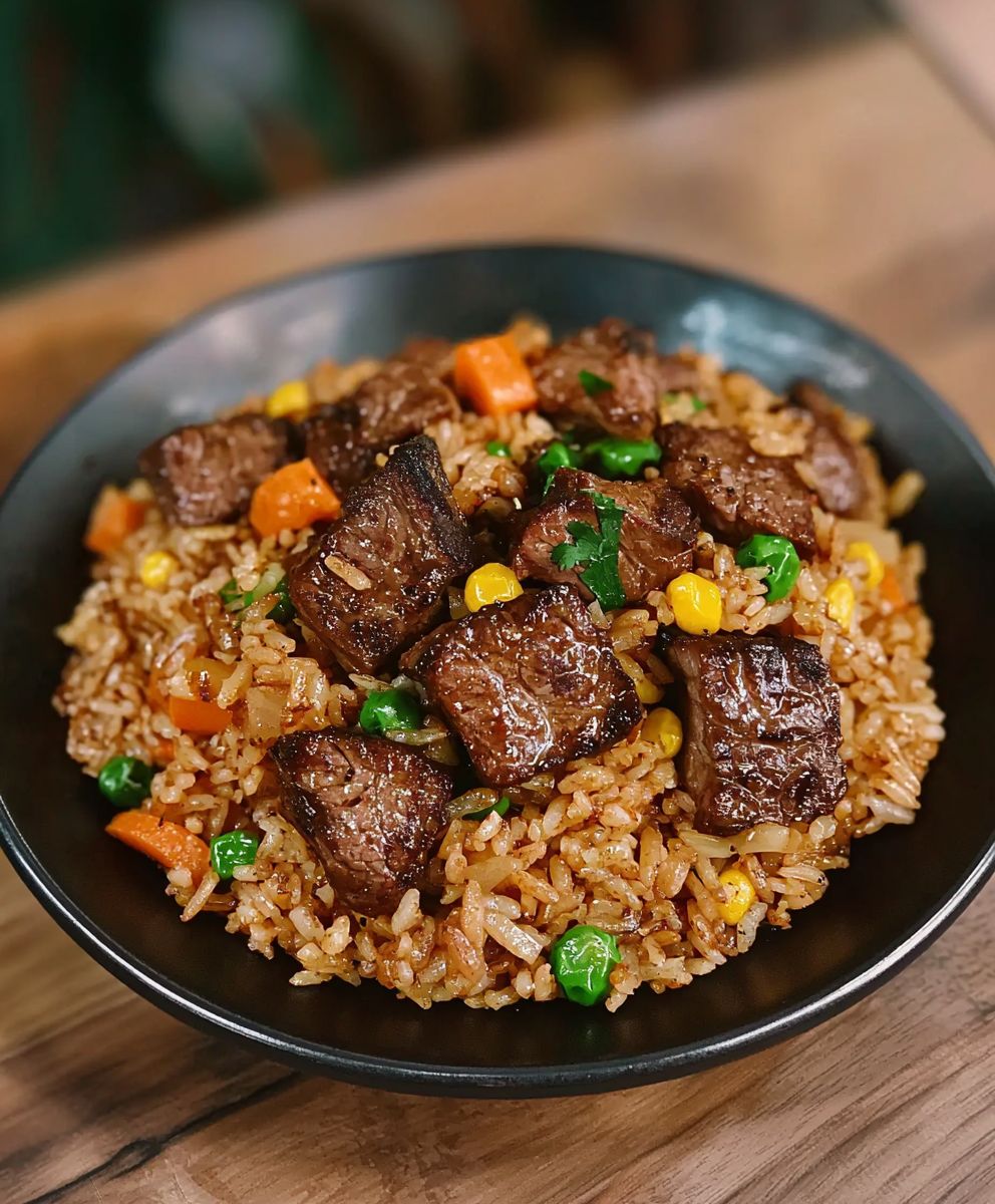 Bratender Reis mit Pfeffersteak