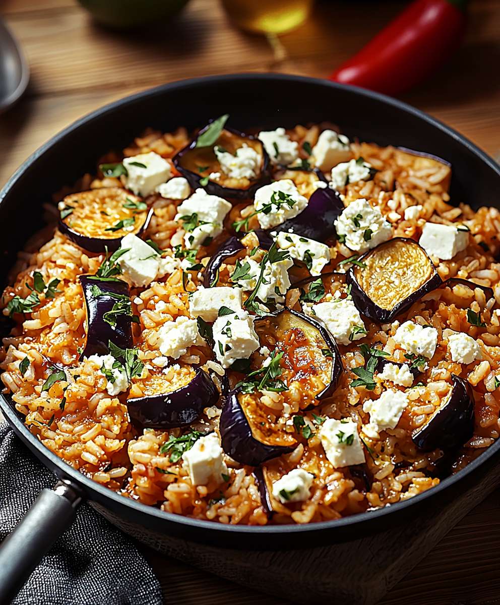 Auberginen Reispfanne Feta